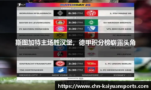 斯图加特主场胜汉堡，德甲积分榜崭露头角